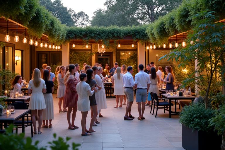 Guests mingling on The Garden Terrace during a summer evening event.