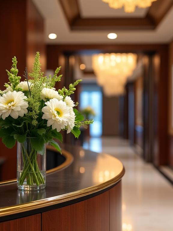 A close-up of the elegant reception desk with fresh flowers.
